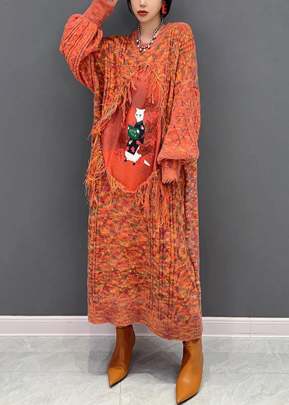 Orange O-Neck Tassel Knit Holiday Maxi Sweaters Dress Winter Print Jacquard Patchwork Orange O-Neck Tassel Knit Holiday Maxi Sweaters Dress Winter Print Jacquard Patchwork