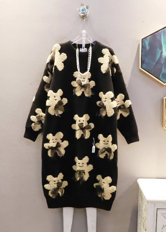 Plus Size Black Oversized Bow Bear Jacquard Knit Long Sweater Winter Tailored Straight A-Line Plus Size Black Oversized Bow Bear Jacquard Knit Long Sweater Winter Tailored Straight A-Line