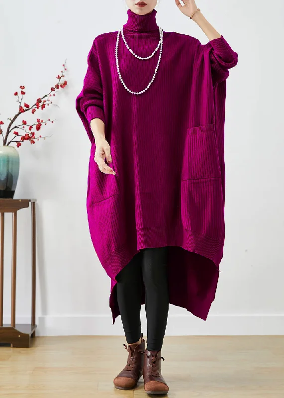 Purple Oversized Knit Sweater Dress Turtle Neck Asymmetrical Batwing Sleeve Open Front Closed Front Wrap Front Purple Oversized Knit Sweater Dress Turtle Neck Asymmetrical Batwing Sleeve Open Front Closed Front Wrap Front