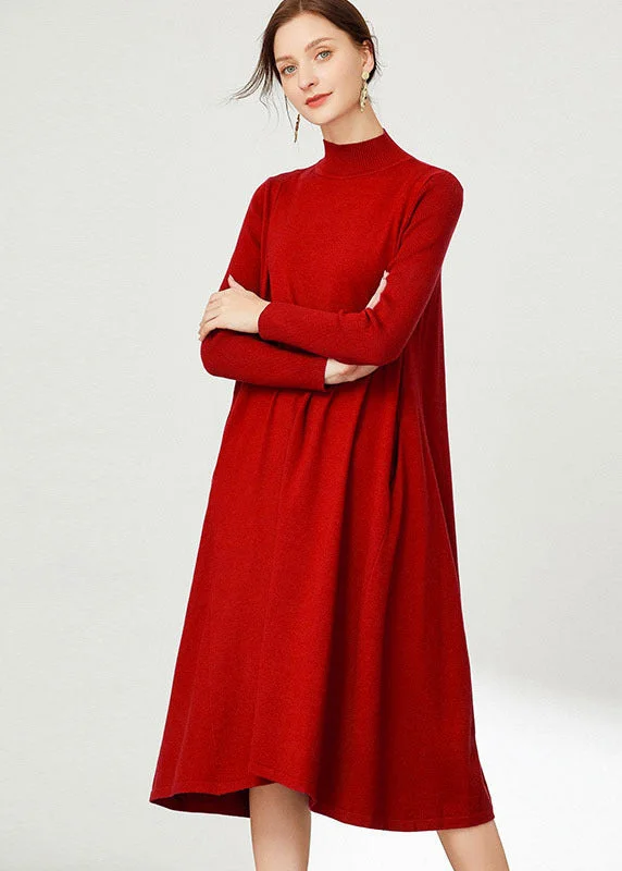 Red Solid Knit Long Sweater Stand Collar Oversized Long Sleeve Stretchy Elastic Breathable Red Solid Knit Long Sweater Stand Collar Oversized Long Sleeve Stretchy Elastic Breathable