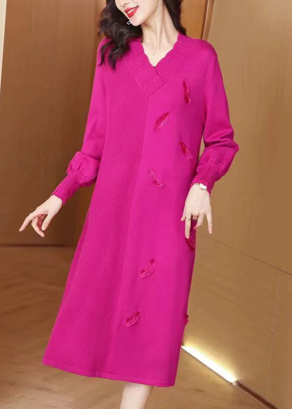Rose Feather Patchwork Woolen Knit Winter Sweater Dress V Neck Open Front Closed Front Wrap Front Rose Feather Patchwork Woolen Knit Winter Sweater Dress V Neck Open Front Closed Front Wrap Front