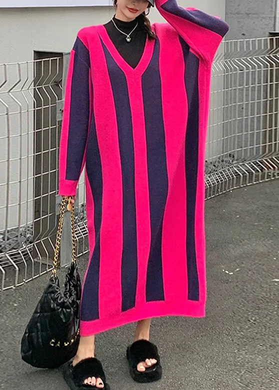 Rose V Neck Striped Patchwork Thick Knit Sweater Dress Winter Solid Print Embellished Rose V Neck Striped Patchwork Thick Knit Sweater Dress Winter Solid Print Embellished