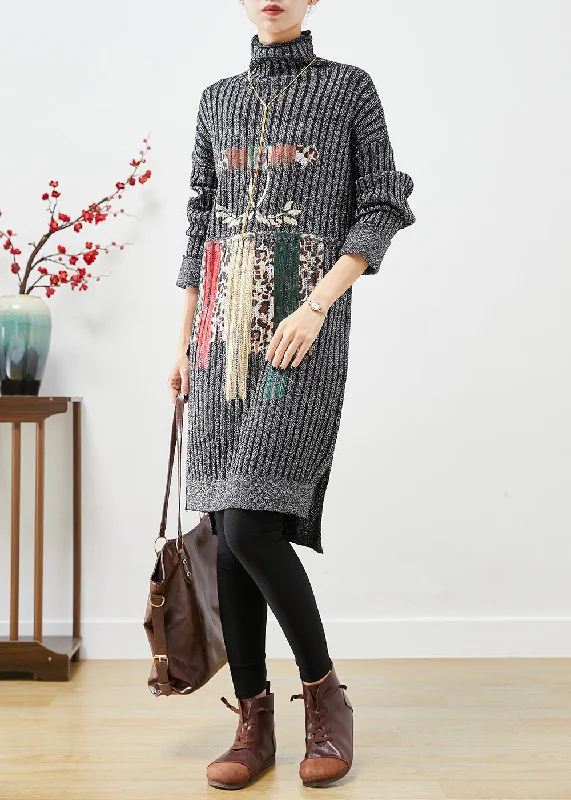 Slim Fit Grey Turtle Neck Print Knit Sweater Dress Fall Silk Blend Satin Velvet