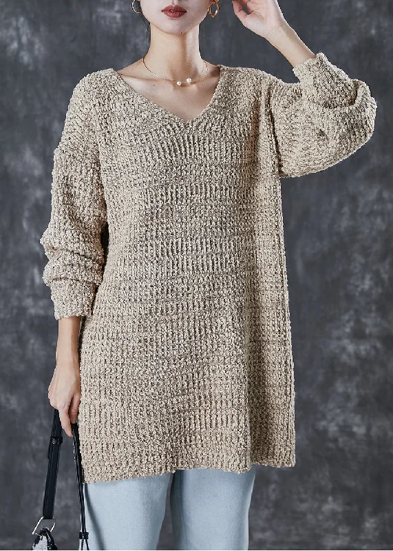 Style Khaki V Neck Oversized Knit Sweater Dress Winter Zippered Front Buttoned Front Snap Front Style Khaki V Neck Oversized Knit Sweater Dress Winter Zippered Front Buttoned Front Snap Front