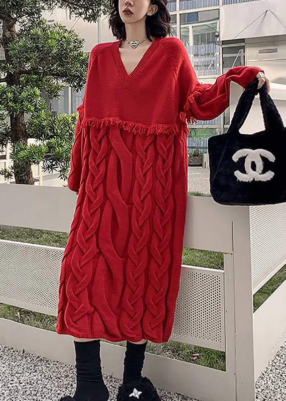 Style Red V Neck Tasseled Patchwork Cable Knit Sweaters Dresses Fall Anti-Pilling Anti-Shrink Durable Style Red V Neck Tasseled Patchwork Cable Knit Sweaters Dresses Fall Anti-Pilling Anti-Shrink Durable