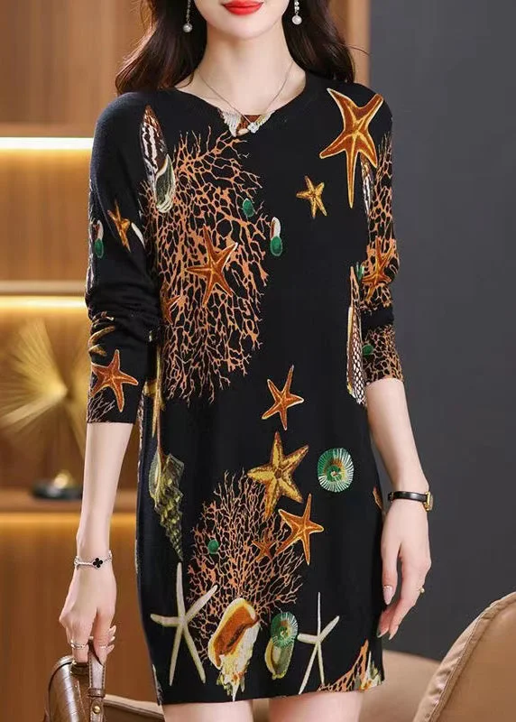 Stylish Black O Neck Print Woolen Mid Sweater Dress Spring Notch Collar Peter Pan Collar Cowl Neck Stylish Black O Neck Print Woolen Mid Sweater Dress Spring Notch Collar Peter Pan Collar Cowl Neck