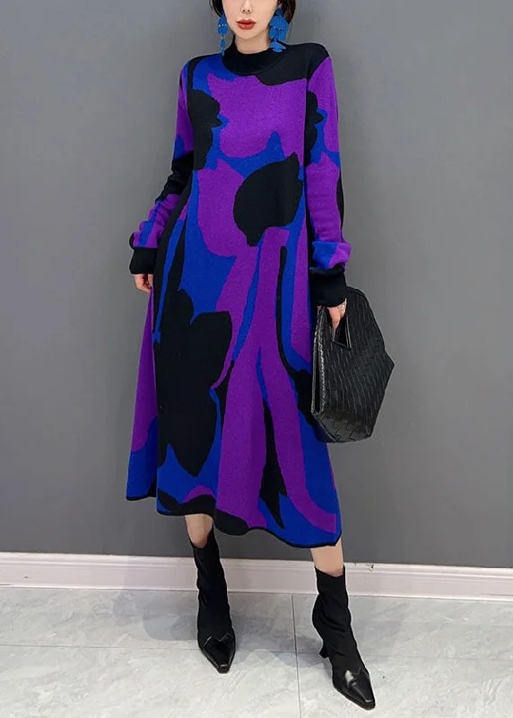 Stylish Purple Hign Neck Print Thick Knit Sweater Dress Winter Lace Blend Ribbed Blend Corduroy Blend Stylish Purple Hign Neck Print Thick Knit Sweater Dress Winter Lace Blend Ribbed Blend Corduroy Blend
