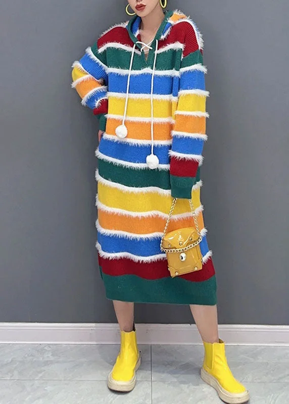 Stylish Rainbow Striped Patchwork Hooded Long Knit Sweater Dress Fall Modern Contemporary Chic Stylish Rainbow Striped Patchwork Hooded Long Knit Sweater Dress Fall Modern Contemporary Chic