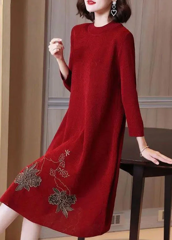 Stylish Red O-Neck Embroideried Knit Sweater Dress Spring Sweater Knitwear Pullover