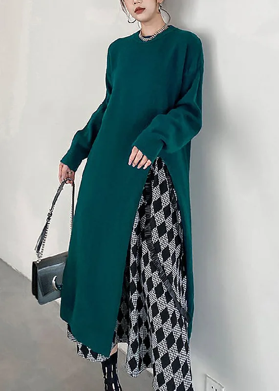 Vintage Blackish Green O-Neck Cozy Knit Sweater Dress Winter Ribbed Striped Patterned Vintage Blackish Green O-Neck Cozy Knit Sweater Dress Winter Ribbed Striped Patterned