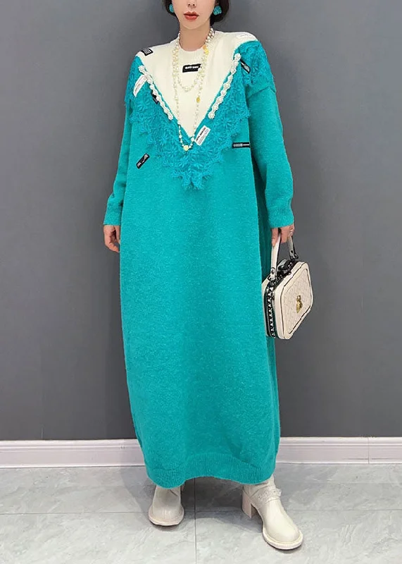 Women Blue O-Neck Oversized Lace Patchwork Knit Long Sweater Spring Nylon Fabric Polyester Fabric Spandex Fabric Women Blue O-Neck Oversized Lace Patchwork Knit Long Sweater Spring Nylon Fabric Polyester Fabric Spandex Fabric
