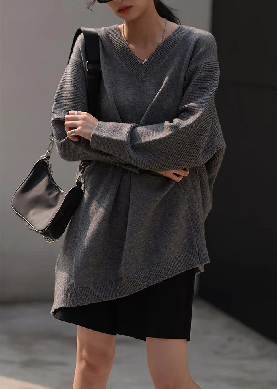 Women fall dark gray sweaters oversized v neck Blouse Zippered Buttoned Snapped
