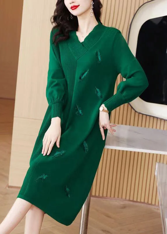 Women Green V Neck Patchwork Woolen Knit Sweater Dress Winter Slim Fit Regular Fit Oversized Women Green V Neck Patchwork Woolen Knit Sweater Dress Winter Slim Fit Regular Fit Oversized