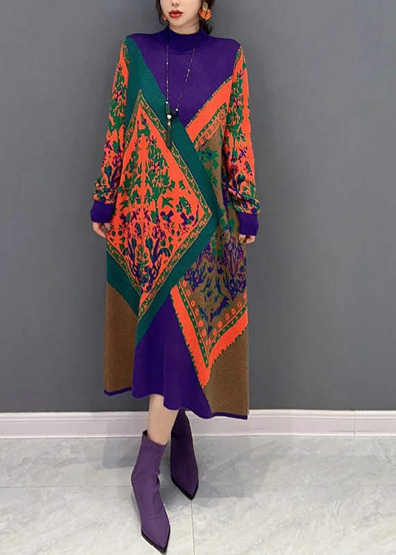 Women Purple Hign Neck Oversized Print Knit Sweater Dress Winter Zippered Front Buttoned Front Snap Front Women Purple Hign Neck Oversized Print Knit Sweater Dress Winter Zippered Front Buttoned Front Snap Front