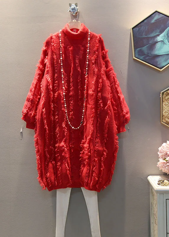 Women Red High Neck Tasseled Cozy Knit Sweater Dress Winter Sequined Glittery Shiny