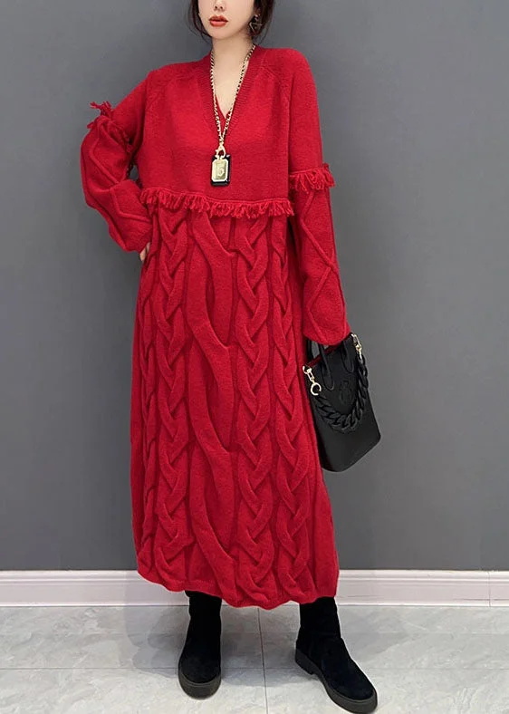 Women Red V Neck Patchwork Tassel Knit Loose Sweater Dress Winter Zippered Buttoned Snapped Women Red V Neck Patchwork Tassel Knit Loose Sweater Dress Winter Zippered Buttoned Snapped