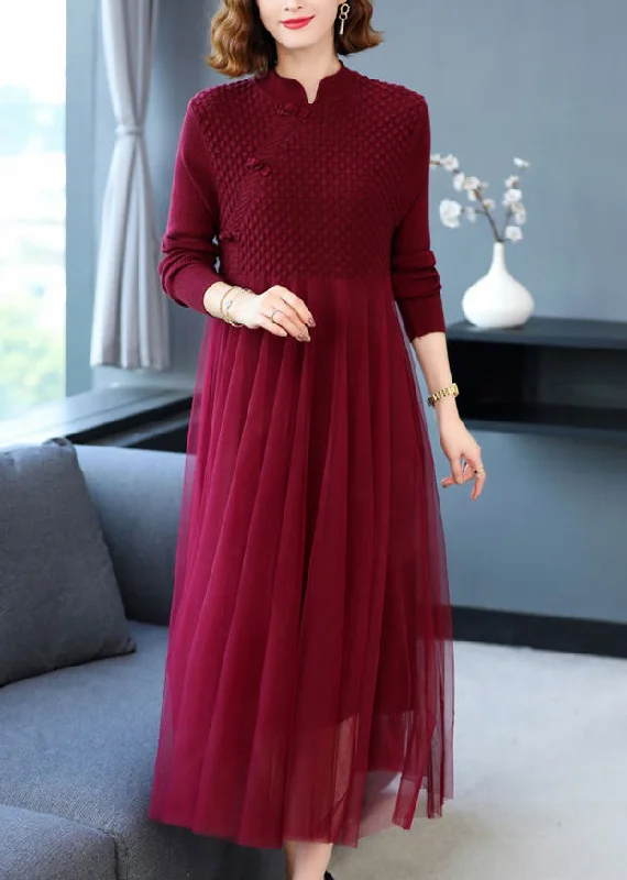 Women Wine Red Wrinkled Patchwork Knit Sweater Dress Long Sleeve Lightweight Heavyweight Midweight Women Wine Red Wrinkled Patchwork Knit Sweater Dress Long Sleeve Lightweight Heavyweight Midweight