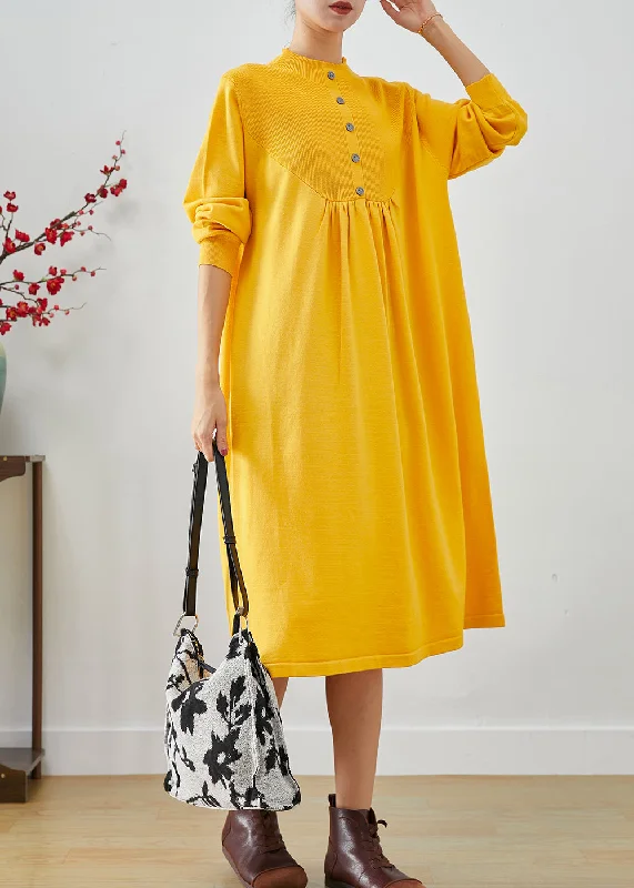Women Yellow Stand Collar Patchwork Button Knit Sweater Dress Fall Seamless Knitted Crochet Women Yellow Stand Collar Patchwork Button Knit Sweater Dress Fall Seamless Knitted Crochet