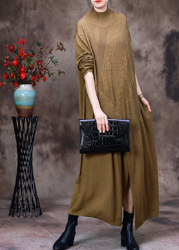 Women Yellow Turtle Neck Asymmetrical Side Open Knit Long Sweater Winter Soft Cozy Warm Women Yellow Turtle Neck Asymmetrical Side Open Knit Long Sweater Winter Soft Cozy Warm