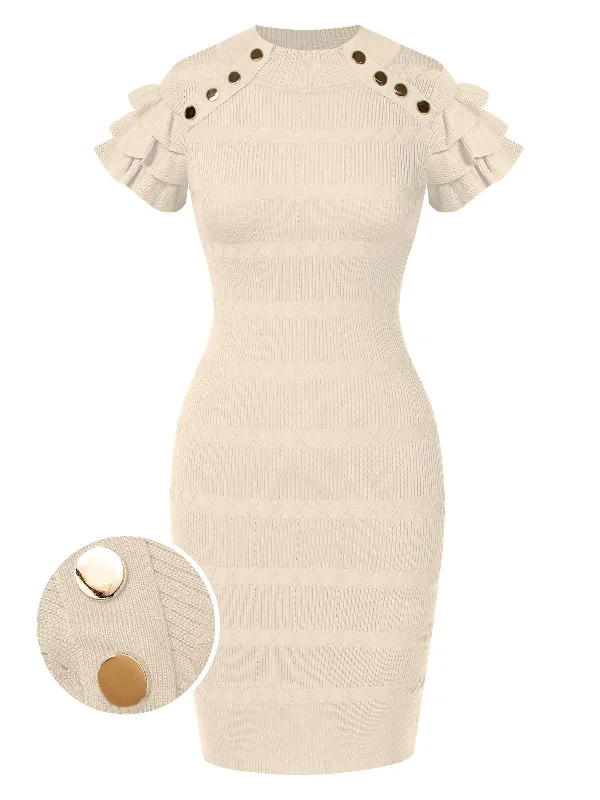1960s Metal Button Ruffle Sleeve Sweater Dress Elegant Classic Vintage