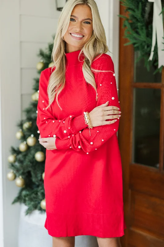 All The Love Red Embellished Sweater Dress Seamless Knitted Crochet