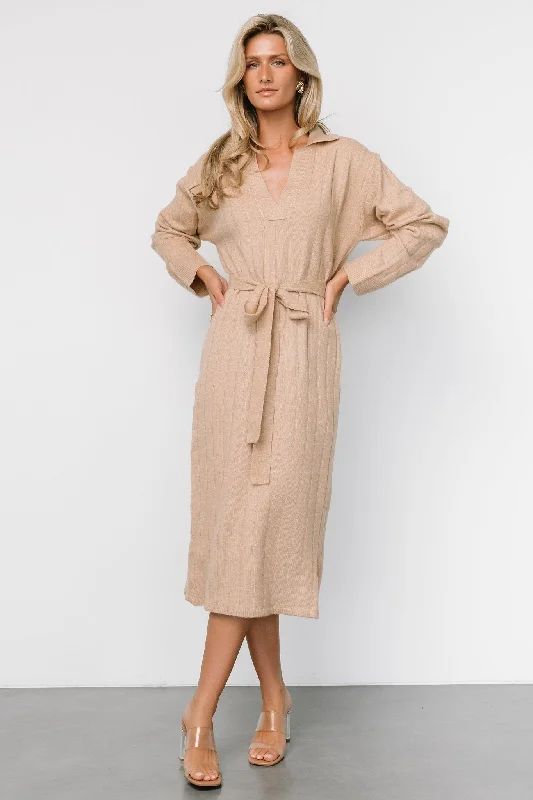 Barrie Sweater Dress | Light Tan Graphic Sweater Embroidered Appliqued
