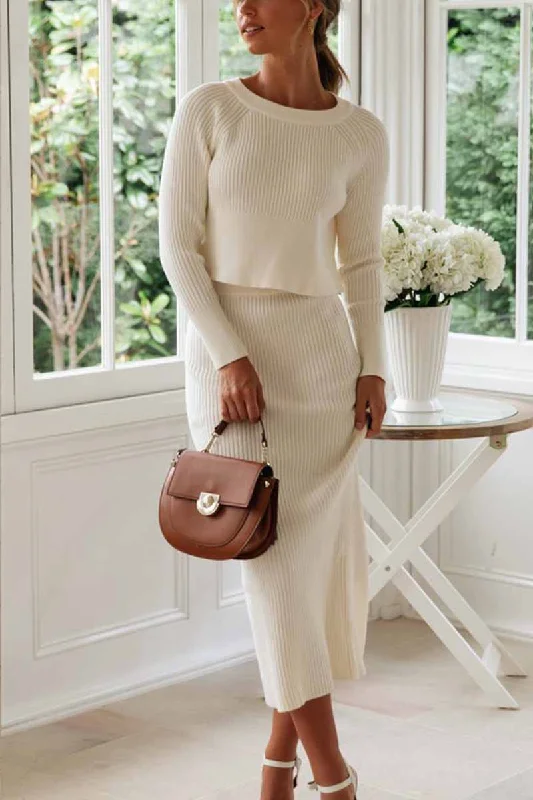 Florcoo Knitted Solid Color Sweater Skirt Suit Print Jacquard Patchwork