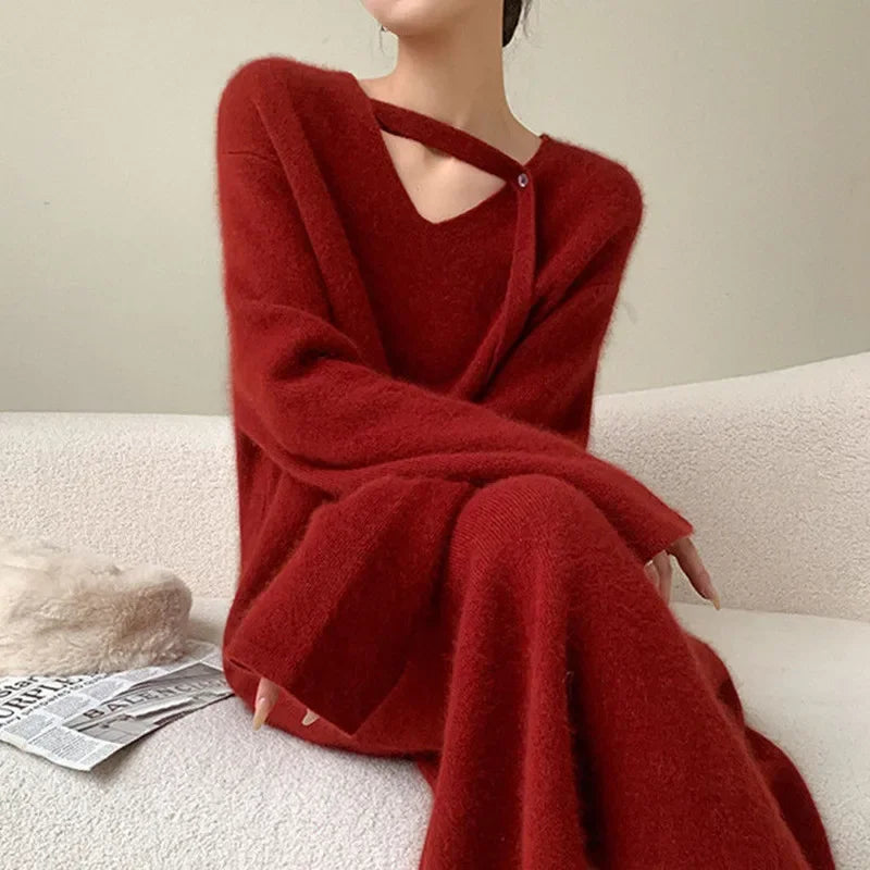 French Slimming Soft V-neck Sweater Maxi Bodycon Midi Dresses Fleece Fabric Down Fabric Feather Fabric