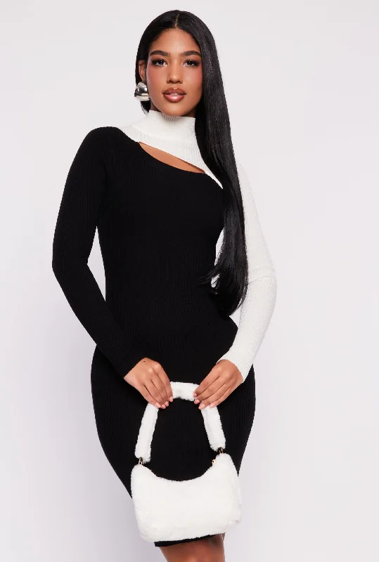 Asymmetrical Keyhole Color Blocked Sweater Dress Lightweight Heavyweight Midweight