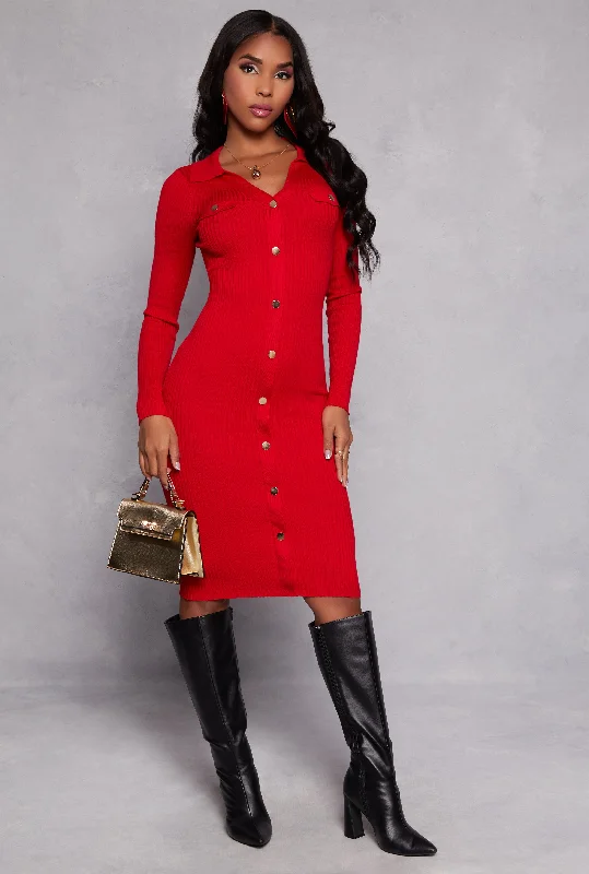 Ribbed Knit Button Detail Sweater Dress Mesh Sweater Canvas Denim