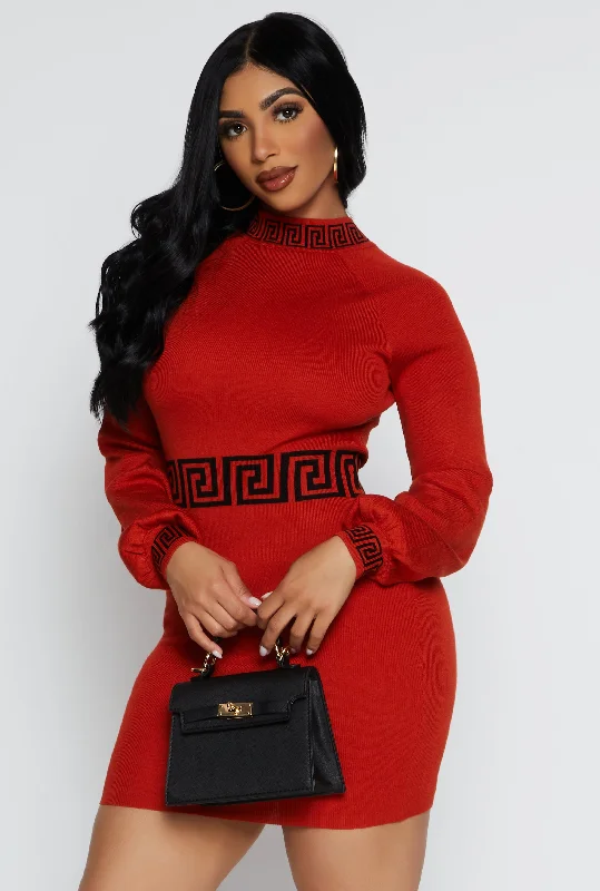 Greek Key Trim Mini Sweater Dress Real Fur Shearling Chenille