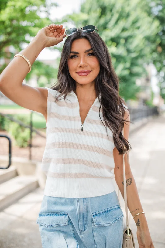 Slow Me Down Ivory And Beige Sleeveless Striped Quarter Zip Sweater FINAL SALE High Neck Crew Neck V-Neck