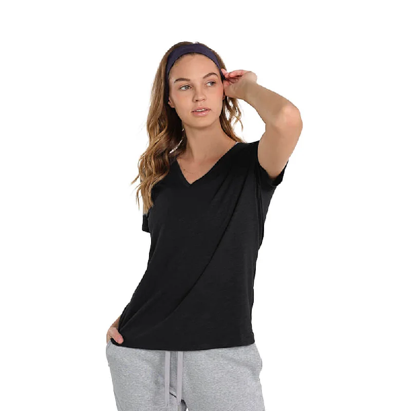Tasc Womens All Day V-Neck T-Shirt - Black Sequined Glittery Shiny