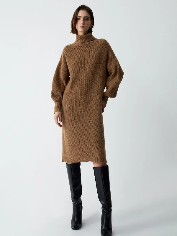 BerryBetty - Terracotta Turtleneck Long Sleeve Midi Sweater Dress Cashmere Blend Cotton Blend Poly Blend