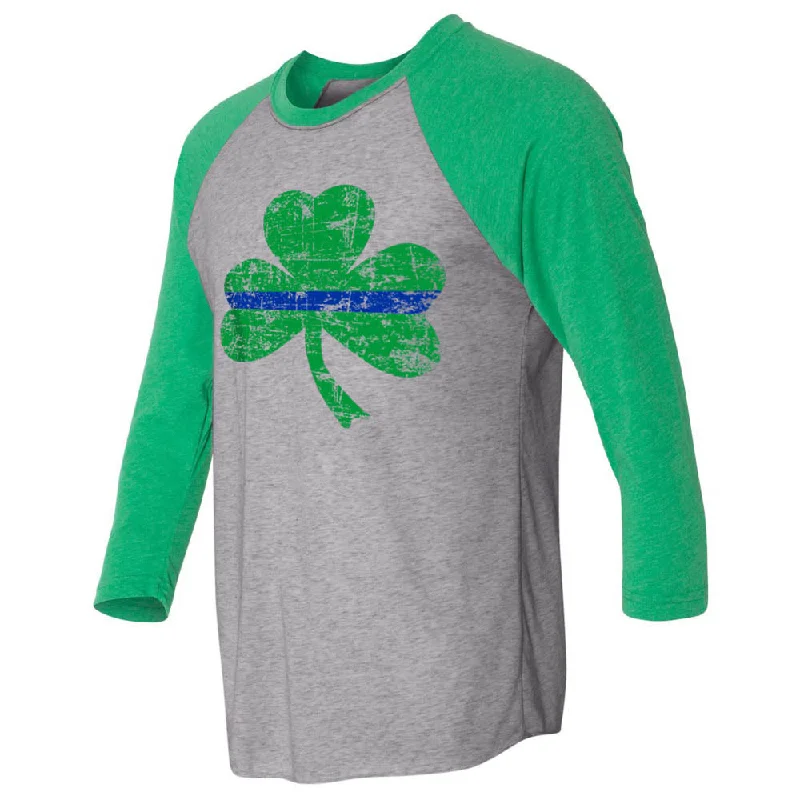 Thin Blue Line St. Patrick's Shamrock Raglan 3/4 Sleeve T-Shirt, Unisex Mesh Canvas Denim Thin Blue Line St. Patrick's Shamrock Raglan 3/4 Sleeve T-Shirt, Unisex Mesh Canvas Denim