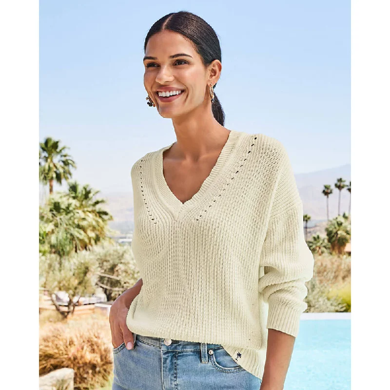 Tommy Bahama Women's Indigo Palms Salt Wash Cotton V-Neck Sweater - Coconut Machine Wash Dry Clean Hand Wash Tommy Bahama Women's Indigo Palms Salt Wash Cotton V-Neck Sweater - Coconut Machine Wash Dry Clean Hand Wash