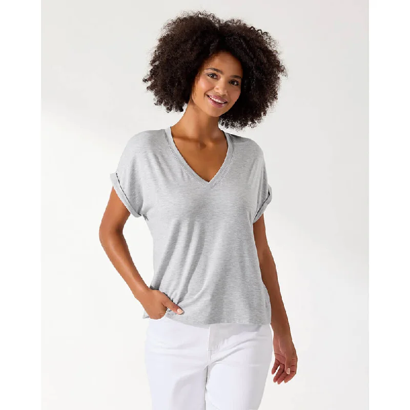 Tommy Bahama Women's Kauai Jersey V-Neck T-Shirt - Silver Streak Heather Welt Pockets Slit Pockets Flap Pockets Tommy Bahama Women's Kauai Jersey V-Neck T-Shirt - Silver Streak Heather Welt Pockets Slit Pockets Flap Pockets