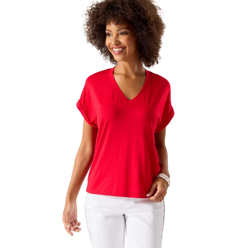 Tommy Bahama Women's Kauai Jersey V-Neck T-Shirt - Tango Red Solid Print Embellished Tommy Bahama Women's Kauai Jersey V-Neck T-Shirt - Tango Red Solid Print Embellished