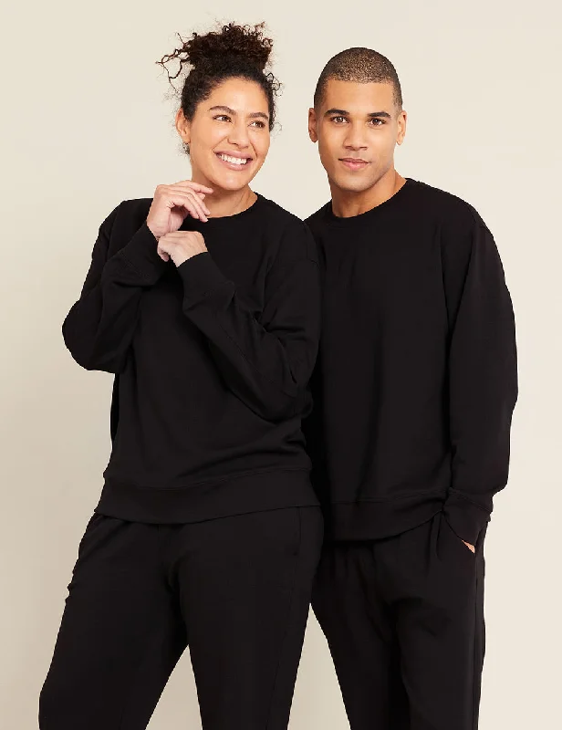 Unisex Crew Neck Sweater - Black Silk Blend Satin Velvet