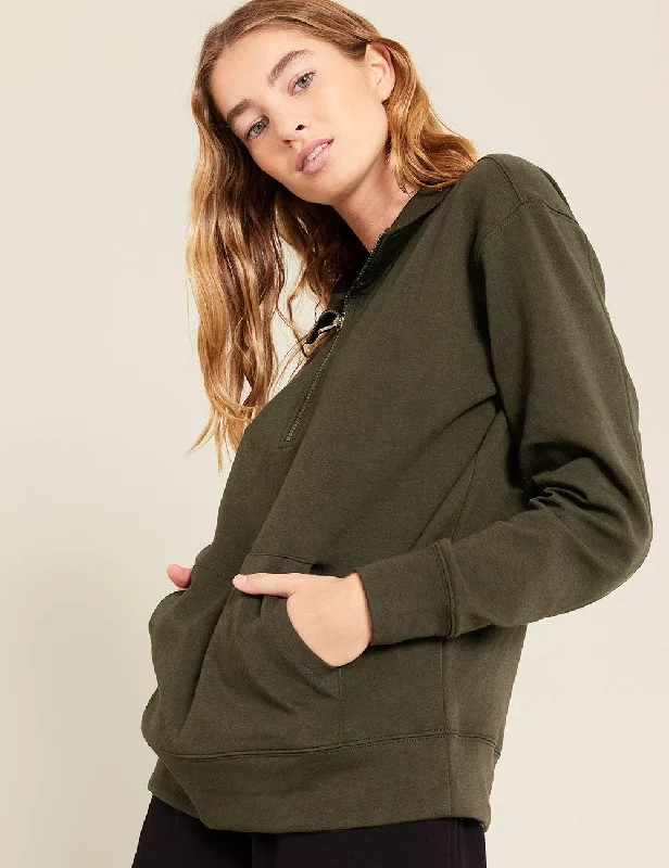 Unisex Quarter Zip Sweater - Dark Olive Real Fur Shearling Chenille