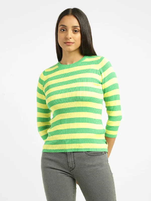 Women's Striped Crew Neck Sweater Notch Collar Peter Pan Collar Cowl Neck