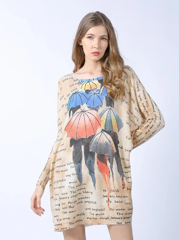 women's stylish midi length loose cartoon printing sweater Top Bright Pastel Dark