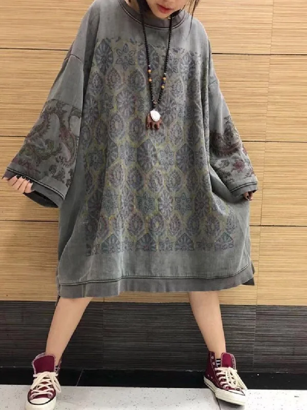 women's autumn print loose large size mid-length sweater dress Thin Thick Dense