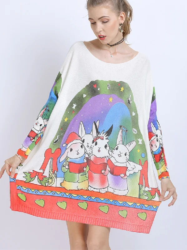 Women's Large Size midi length Sweater Neck Rabbit Print Knit Sweater Tops Velvet Chenille Corduroy