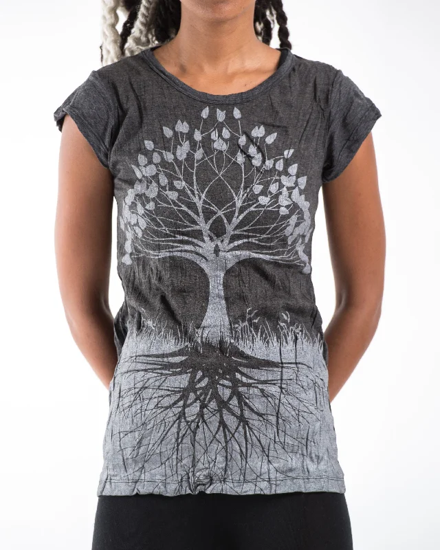 Womens Tree of Life T-Shirt in Silver on Black Mesh Canvas Denim