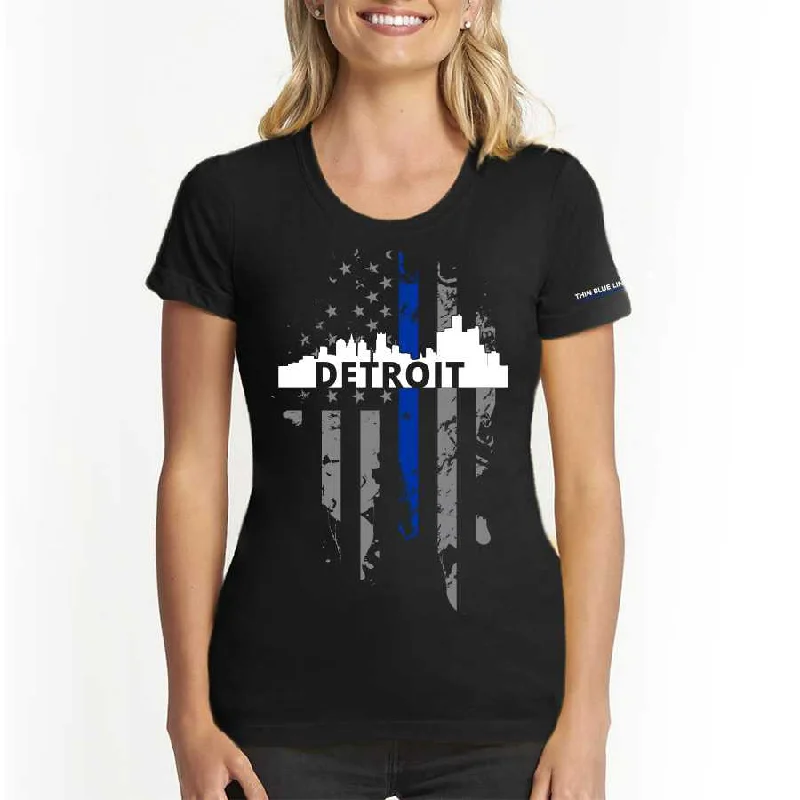 Women's T-Shirt, Thin Blue Line Detroit Skyline Anti-Pilling Machine Wash Handmade