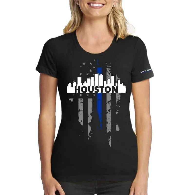 Women's T-Shirt, Thin Blue Line Houston Skyline Asymmetrical Pockets Print
