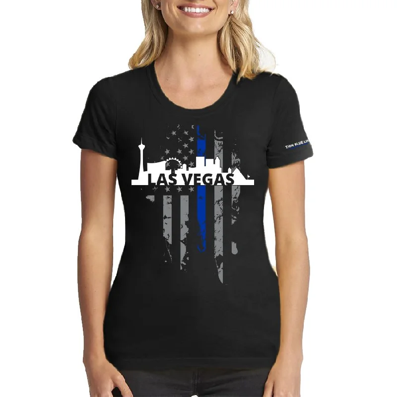 Women's T-Shirt, Thin Blue Line Las Vegas Skyline Boxy Fit Fitted Loose