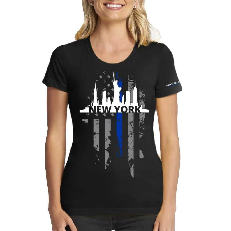 Women's T-Shirt, Thin Blue Line New York City Skyline Plaid T-Shirt Polka Dot Checkered Women's T-Shirt, Thin Blue Line New York City Skyline Plaid T-Shirt Polka Dot Checkered
