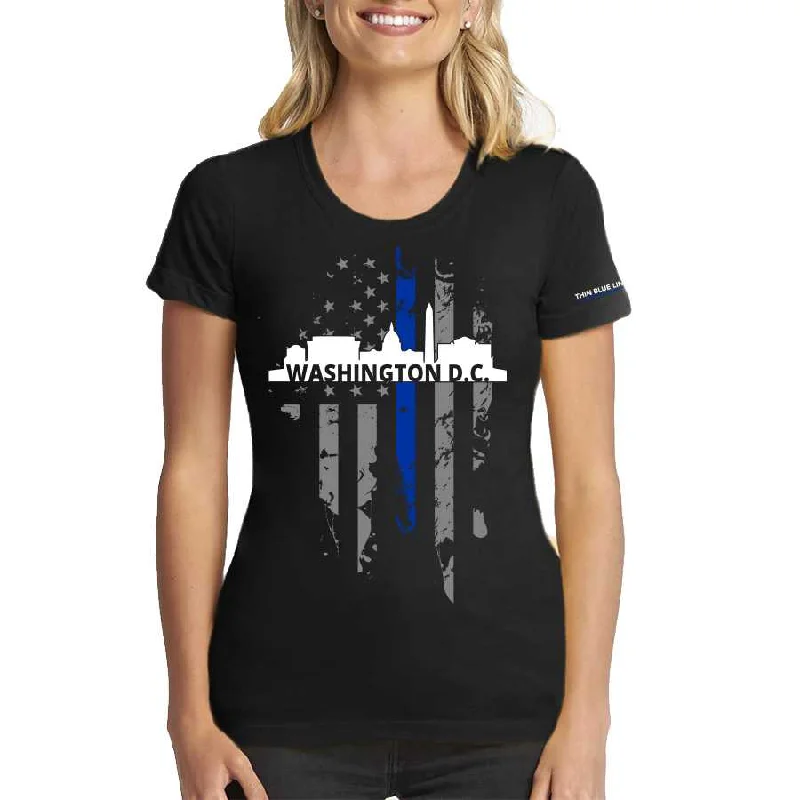 Women's T-Shirt, Thin Blue Line Washington D.C. Skyline Solid Color Striped Floral